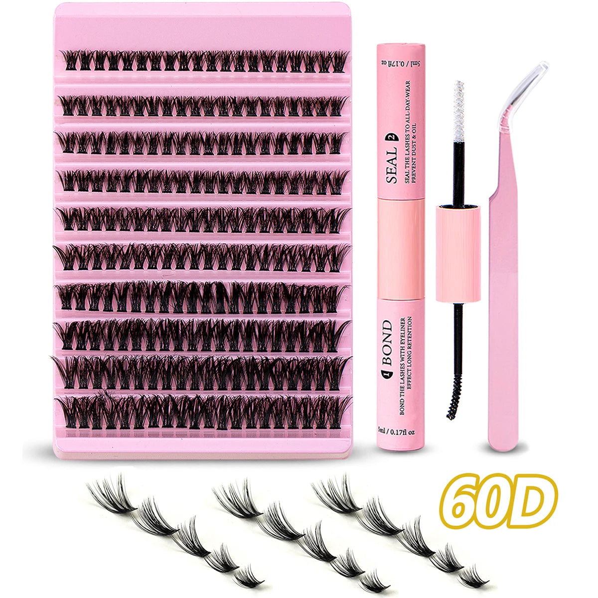 DIY Eyelash Extension Kit 200pcs Individual Lashes Cluster 60D 8-16mm Mix Lash Clusters Bond and Seal and Lash Applicator