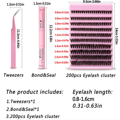 DIY Eyelash Extension Kit 200pcs Individual Lashes Cluster 60D 8-16mm Mix Lash Clusters Bond and Seal and Lash Applicator